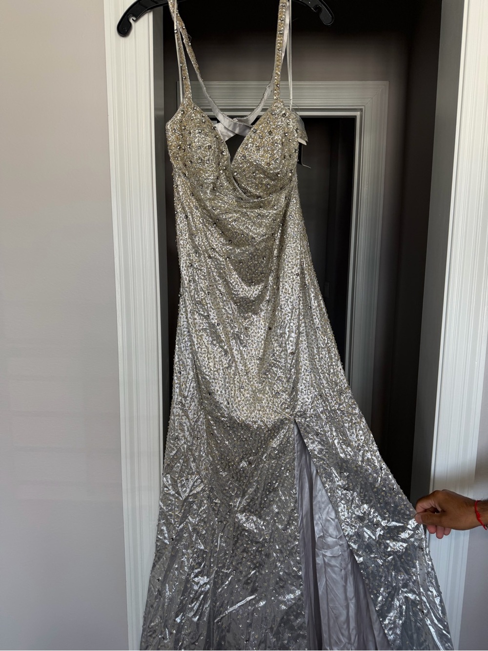 Jovani Silver Sequin Wedding Gown with Slit